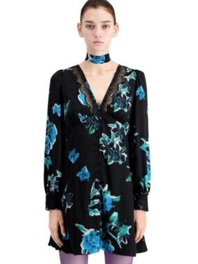 NWT The Kooples 90s Floral Print V-Neck Lace Trim Buttoned Dress Sz 3/L